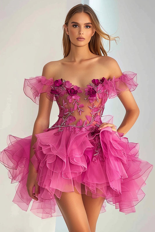Floral Fuchsia A Line Off the Shoulder Short Homecoming Dress with Appliques