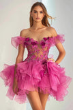 Floral Fuchsia A Line Off the Shoulder Short Homecoming Dress with Appliques
