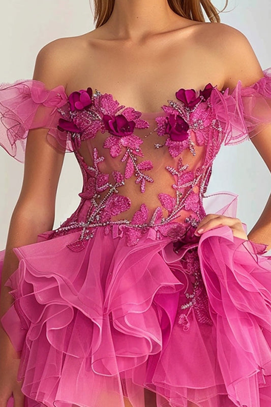 Floral Fuchsia A Line Off the Shoulder Short Homecoming Dress with Appliques