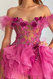 Floral Fuchsia A Line Off the Shoulder Short Homecoming Dress with Appliques