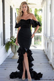 Black Mermaid Satin Off the Shoulder Long Formal Dress with Ruffles