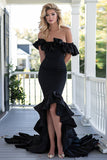 Black Mermaid Off the Shoulder Long Satin Formal Dress with Sleeves