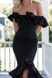 Black Mermaid Off the Shoulder Long Satin Formal Dress with Sleeves