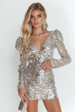 Silver Sparkly V-Neck Bodycon Short Sequin Homecoming Dress