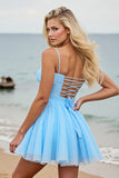 Light Blue Tulle Spaghetti Straps Short A Line Homecoming Dress