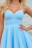 Light Blue Tulle Spaghetti Straps Short A Line Homecoming Dress