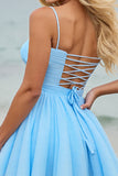 Light Blue Tulle Spaghetti Straps Short A Line Homecoming Dress
