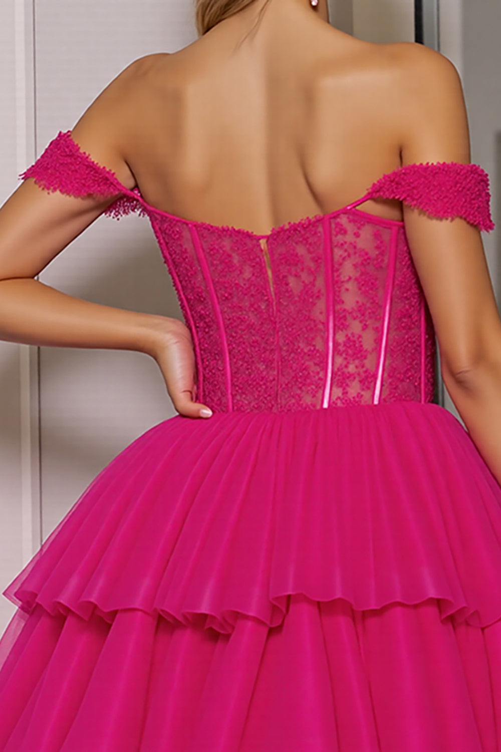 Fuchsia Corset Tulle Short A Line Homecoming Dress with Appliques