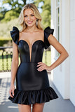 Black Satin Short Bodycon Homecoming Dress with Ruffles