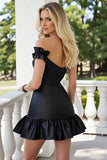 Black Satin Short Bodycon Homecoming Dress with Ruffles