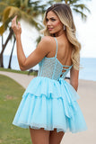 Light Blue Tulle Corset Short A Line Homecoming Dress with Lace