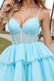 Light Blue Tulle Corset Short A Line Homecoming Dress with Lace