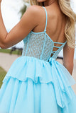 Light Blue Tulle Corset Short A Line Homecoming Dress with Lace
