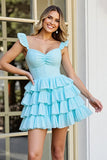 Light Blue A Line Short Tiered Homecoming Dress with Ruffles
