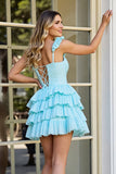 Light Blue A Line Short Tiered Homecoming Dress with Ruffles