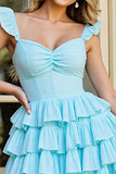Light Blue A Line Short Tiered Homecoming Dress with Ruffles