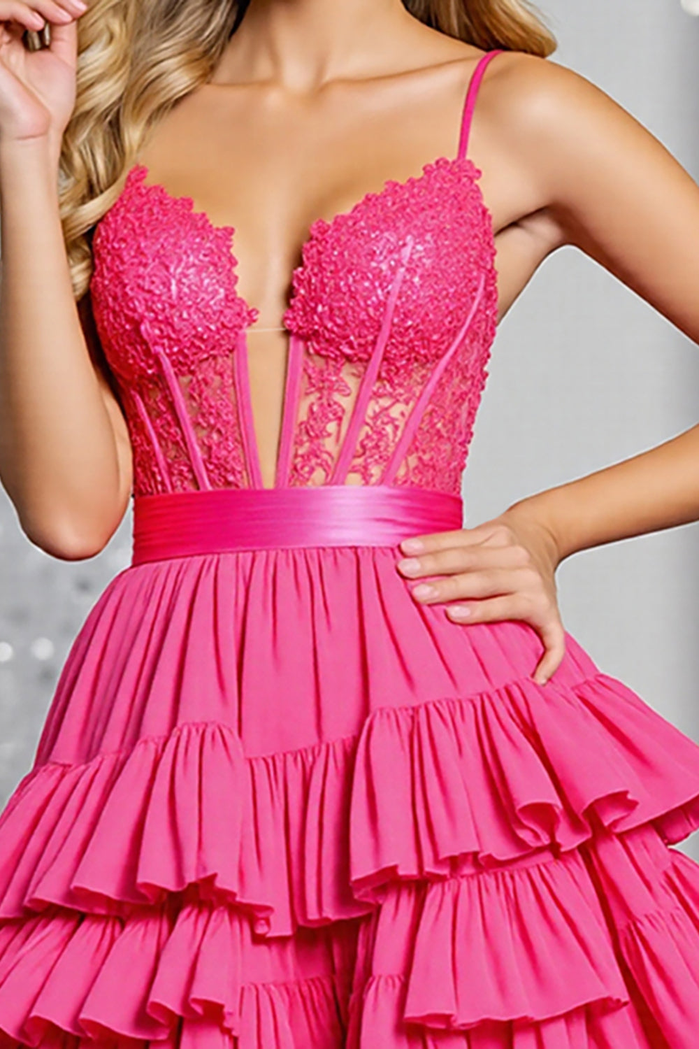 Fuchsia Corset A Line Short Tiered Homecoming Dress with Appliques