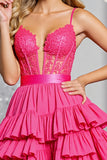 Fuchsia Corset A Line Short Tiered Homecoming Dress with Appliques