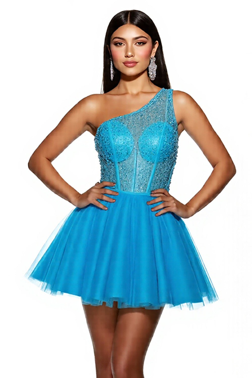 Sparkly Sky Blue Corset A Line One Shoulder Short Tulle Homecoming Dress