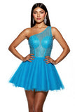 Sparkly Sky Blue Corset A Line One Shoulder Short Tulle Homecoming Dress