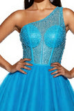 Sparkly Sky Blue Corset A Line One Shoulder Short Tulle Homecoming Dress