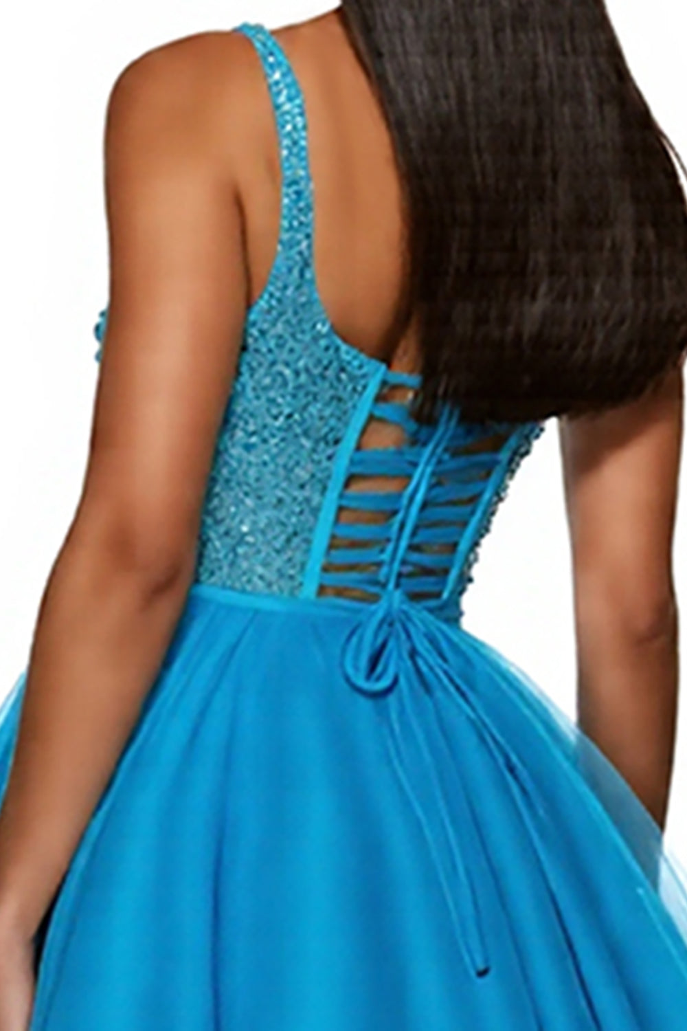 Sparkly Sky Blue Corset A Line One Shoulder Short Tulle Homecoming Dress