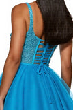 Sparkly Sky Blue Corset A Line One Shoulder Short Tulle Homecoming Dress