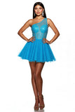 Sparkly Sky Blue Corset A Line One Shoulder Short Tulle Homecoming Dress