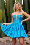 Sky Blue A Line Satin Strapless Short Homecoming Dress