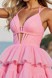 Pink A Line Tulle Spaghetti Straps Short Tiered Homecoming Dress
