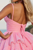 Pink A Line Tulle Spaghetti Straps Short Tiered Homecoming Dress