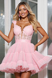 Light Pink Corset A Line Tulle Short Homecoming Dress with Appliques