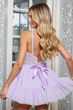 Lilac Tulle Corset Short A Line Homecoming Dress with Appliques