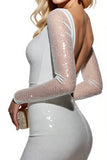 Sparkly White Sequin Short Bodycon Homecoming Dress with Sleeves