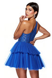 Royal Blue Corset A Line One Shoulder Short Tulle Homecoming Dress