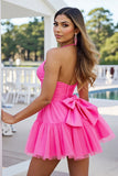 Fuchsia Tulle A Line Halter Short Homecoming Dress with Bows