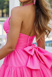 Fuchsia Tulle A Line Halter Short Homecoming Dress with Bows