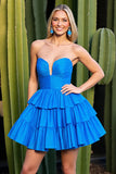 Bright Blue A Line Sweetheart Tiered Short Homecoming Dress