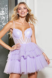 Lilac A Line Tulle Short Corset Homecoming Dress with Bow