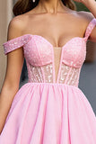 Sparkly Pink Tulle A Line Off the Shoulder Short Corset Homecoming Dress