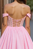 Sparkly Pink Tulle A Line Off the Shoulder Short Corset Homecoming Dress