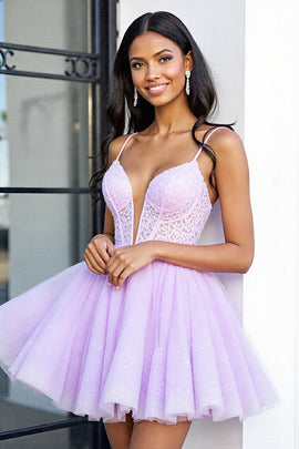 Lilac Corset A Line Tulle Short Homecoming Dress with Lace