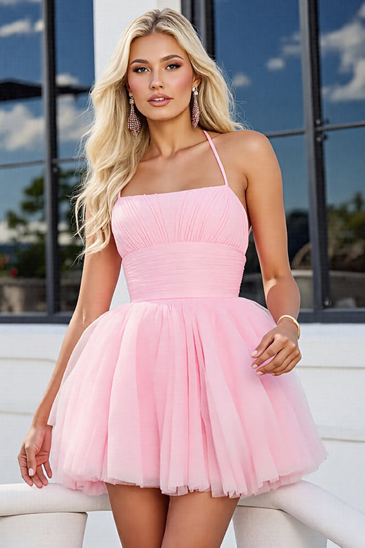 Pink A Line Spaghetti Straps Short Tulle Homecoming Dress