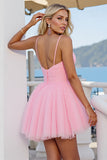 Pink A Line Spaghetti Straps Short Tulle Homecoming Dress