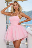 Pink A Line Spaghetti Straps Short Tulle Homecoming Dress