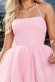 Pink A Line Spaghetti Straps Short Tulle Homecoming Dress