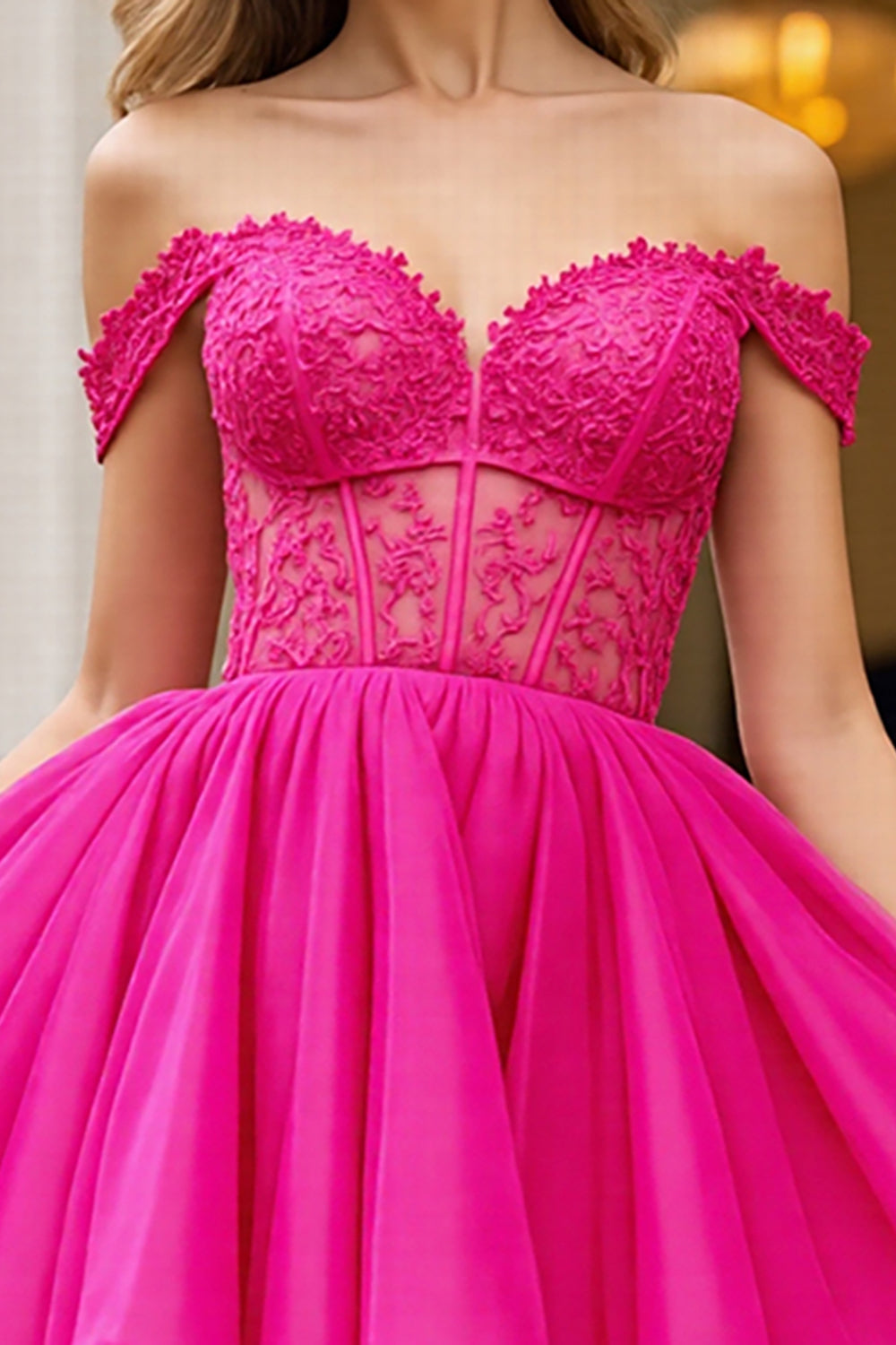Fuchsia Corset Tulle Off the Shoulder Short A Line Homecoming Dress