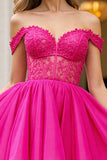 Fuchsia Corset Tulle Off the Shoulder Short A Line Homecoming Dress