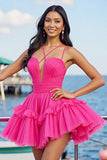 Fuchsia A Line Tulle Short Homecoming Dress with Ruffles