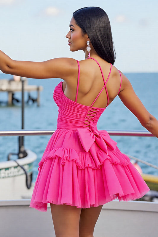Fuchsia A Line Tulle Short Homecoming Dress with Ruffles